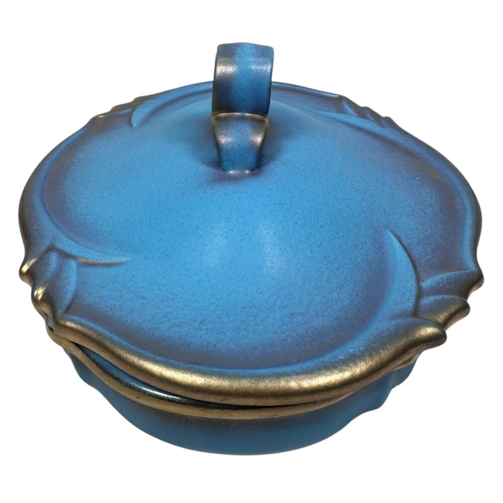 Vintage Wien Keramos Ceramic Dish with‎ Lid 8" Blue & Metallic Gold Matte 3207 - Picture 2 of 11